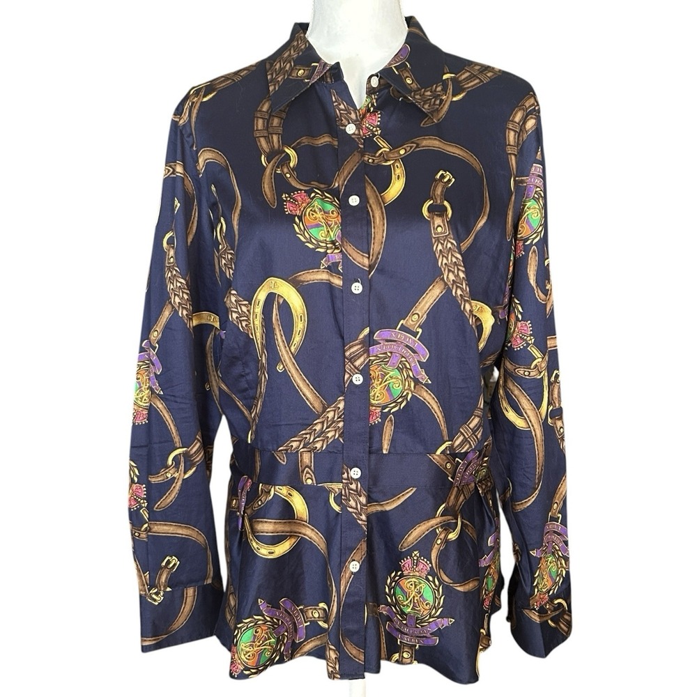Lauren RALPH LAUREN Equestrian Print Top sz 16W Blue Long Sleeve Peplum Cotton - Picture 2 of 10